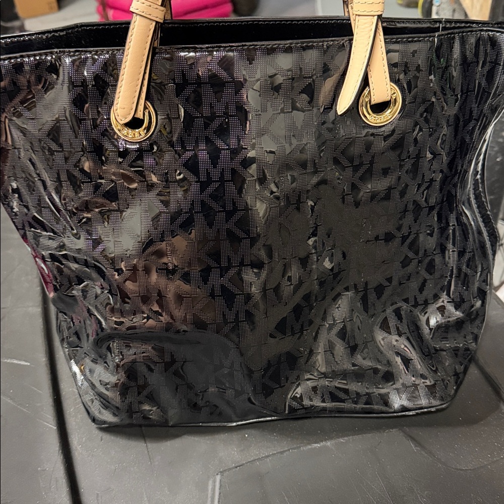 Michael Kors Glossy Black Tote with Tan Handles